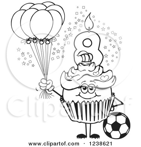 Clipart of a Black and White Girls Eighth Birthday Cupcake with a Soccer Ball and Balloons - Royalty Free Vector Illustration by Dennis Holmes Designs