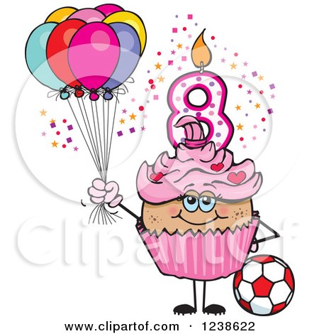 Clipart of a Latina Pink Girls Eighth Birthday Cupcake with a Soccer Ball and Balloons - Royalty Free Vector Illustration by Dennis Holmes Designs