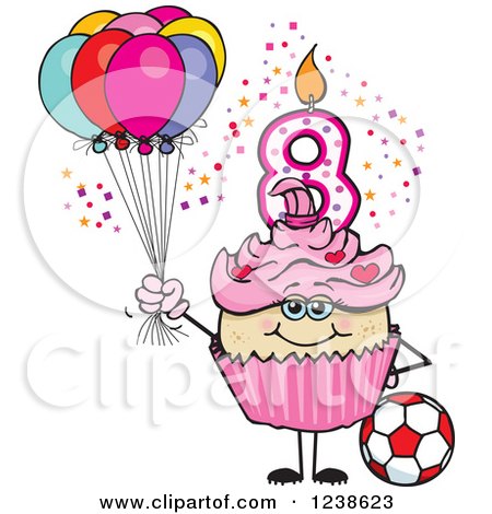 Clipart of an Asian Pink Girls Eighth Birthday Cupcake with a Soccer Ball and Balloons - Royalty Free Vector Illustration by Dennis Holmes Designs