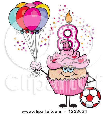 Clipart of a Caucasian Pink Girls Eighth Birthday Cupcake with a Soccer Ball and Balloons - Royalty Free Vector Illustration by Dennis Holmes Designs