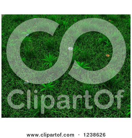 Clipart of a Background of 3d Green Grass and Flowers - Royalty Free Illustration by KJ Pargeter