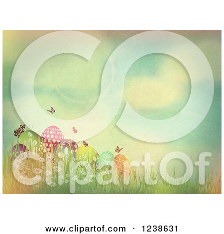 Clipart of a Vintage Styled Background of Butterflies and Easter Eggs Against Sky - Royalty Free Illustration by KJ Pargeter