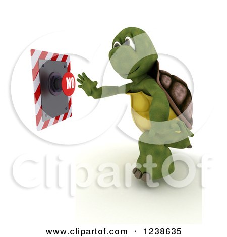 Clipart of a 3d Tortoise Reaching to Push a No Button - Royalty Free Illustration by KJ Pargeter