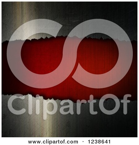 Clipart of a 3d Metal Background with Torn Space Revealing Red - Royalty Free Illustration by KJ Pargeter