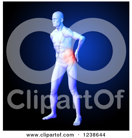 Clipart of a 3d Medical Man Model with Red Back Pain, over Blue - Royalty Free Illustration by KJ Pargeter