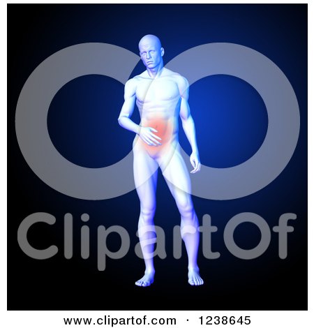 Clipart of a 3d Medical Man Model with Red Stomach Pain, over Blue - Royalty Free Illustration by KJ Pargeter