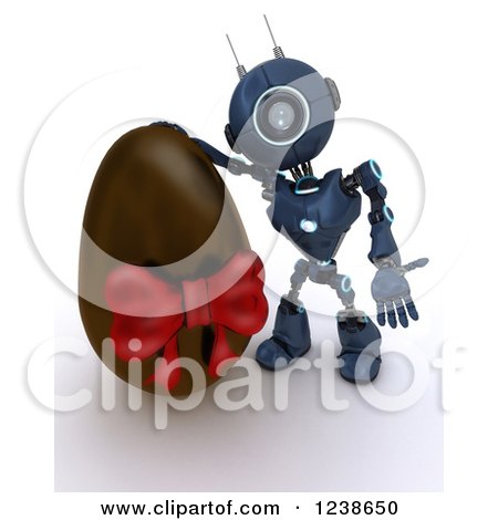 Clipart of a 3d Blue Android Robot by a Chocolate Easter Egg - Royalty Free Illustration by KJ Pargeter