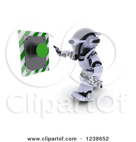 Clipart of a 3d Robot About to Push a Green Button - Royalty Free Illustration by KJ Pargeter