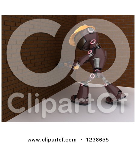 Clipart of a 3d Red Android Construction Robot Demolishing a Brick Wall - Royalty Free Illustration by KJ Pargeter