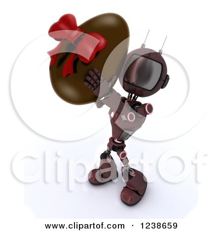 Clipart of a 3d Red Android Robot Holding up a Chocolate Easter Egg - Royalty Free Illustration by KJ Pargeter