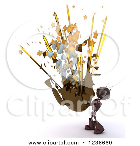 Clipart of a 3d Red Android Robot Holding up an Exploding Chocolate Easter Egg - Royalty Free Illustration by KJ Pargeter