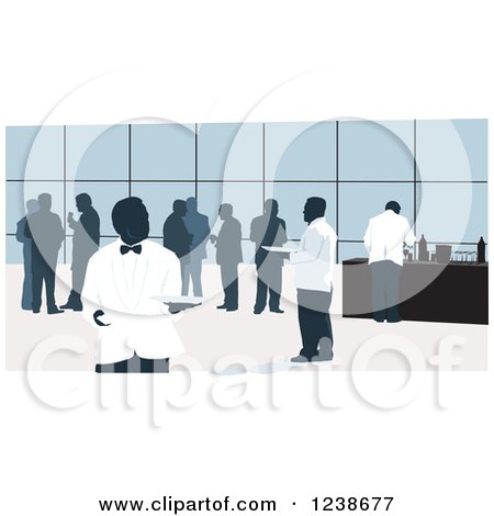 Clipart of a Silhouetted People at an Event with Catering Waiters - Royalty Free Vector Illustration by David Rey