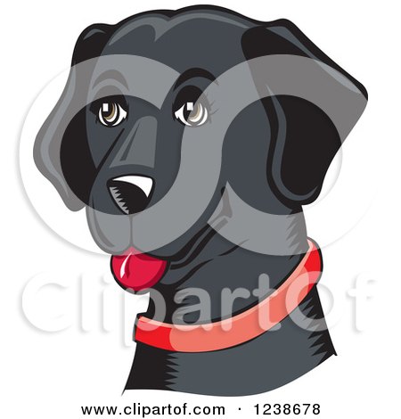 Clipart of a Woodcut Happy Black Lab Dog with a Red Collar - Royalty Free Vector Illustration by David Rey