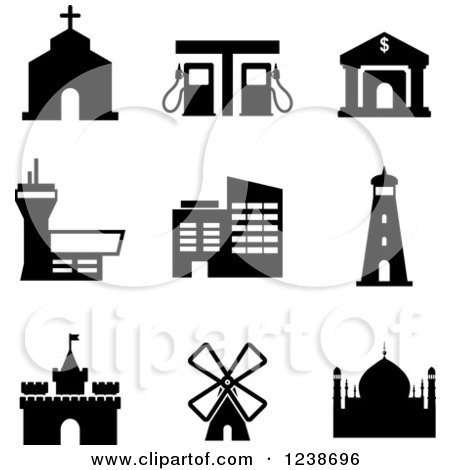 Clipart of Black and White Building Icons - Royalty Free Vector Illustration by Vector Tradition SM