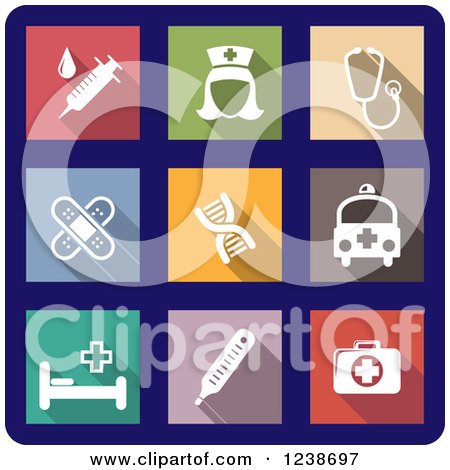 Clipart of Colorful Square Medical Icons on Blue - Royalty Free Vector Illustration by Vector Tradition SM