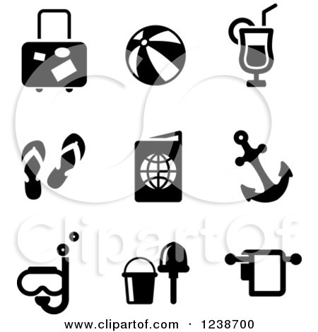 Clipart of Black and White Travel and Vacation Icons - Royalty Free Vector Illustration by Vector Tradition SM