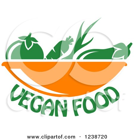 Clipart of Green Produce in an Orange Bowl, with Vegan Food Text - Royalty Free Vector Illustration by Vector Tradition SM