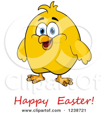 Clipart of a Chubby Yellow Chick and Happy Easter Text 2 - Royalty Free Vector Illustration by Vector Tradition SM