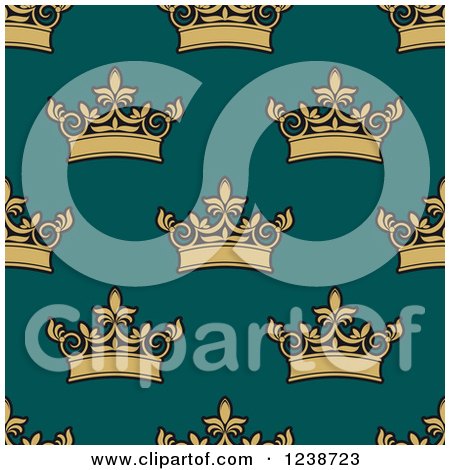 Clipart of a Seamless Background Pattern of Gold Crowns on Teal - Royalty Free Vector Illustration by Vector Tradition SM