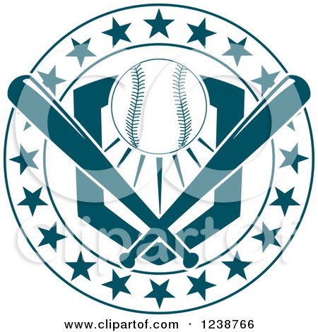 Clipart of a Baseball over a Plate with Teal Crossed Bats in a Star Circle - Royalty Free Vector Illustration by Vector Tradition SM