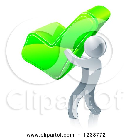 Clipart of a 3d Silver Man Holding a Giant Green Check Mark - Royalty Free Vector Illustration by AtStockIllustration