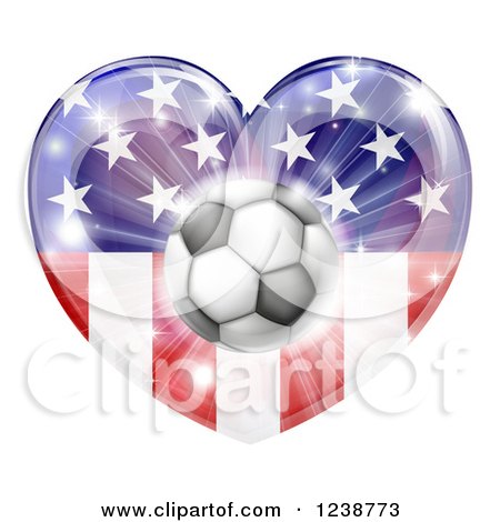 Clipart of a 3d Soccer Ball over an American Flag Heart and Burst of Fireworks - Royalty Free Vector Illustration by AtStockIllustration