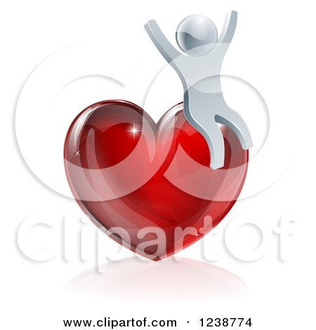 Clipart of a 3d Silver Man Cheering on a Red Heart - Royalty Free Vector Illustration by AtStockIllustration