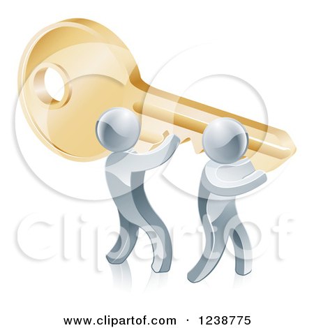 Clipart of 3d Silver Men Carrying a Giant Key to Success - Royalty Free Vector Illustration by AtStockIllustration