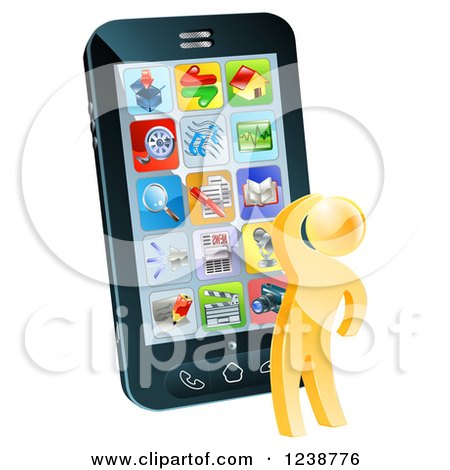 Clipart of a 3d Thinking Gold Man Looking over Apps on a Cell Phone - Royalty Free Vector Illustration by AtStockIllustration