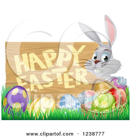 Clipart of a Wood Happy Easter Sign with a Rabbit Grass and Eggs - Royalty Free Vector Illustration by AtStockIllustration