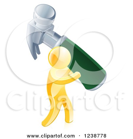 Clipart of a 3d Gold Man Carrying a Giant Hammer - Royalty Free Vector Illustration by AtStockIllustration