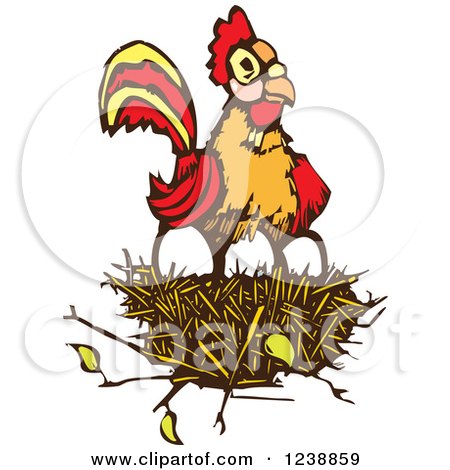 Clipart of a Rooster Resting on Eggs in a Nest - Royalty Free Vector Illustration by xunantunich