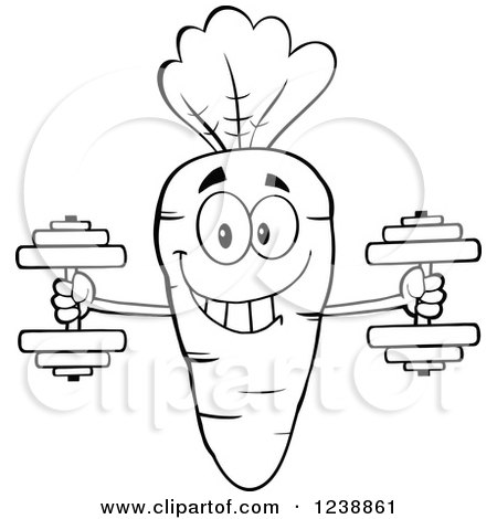 Clipart of a Black and White Happy Carrot Working out with Dumbbells - Royalty Free Vector Illustration by Hit Toon