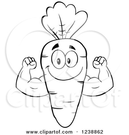Clipart of a Black and White Strong Carrot Flexing His Arms - Royalty Free Vector Illustration by Hit Toon