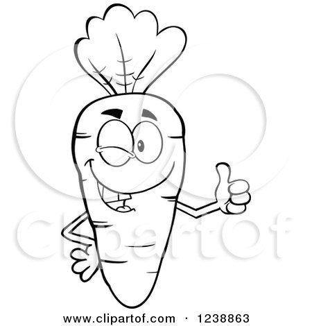 Clipart of a Black and White Happy Carrot Winking and Giving a Thumb up - Royalty Free Vector Illustration by Hit Toon