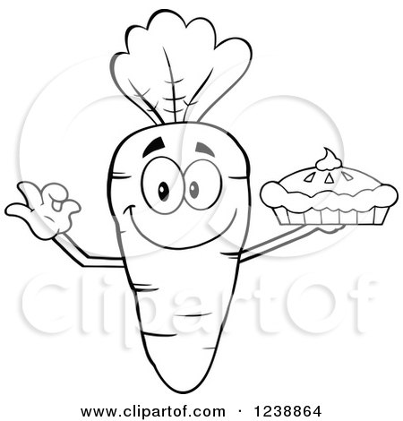 Clipart of a Black and White Happy Carrot Holding a Pie - Royalty Free Vector Illustration by Hit Toon