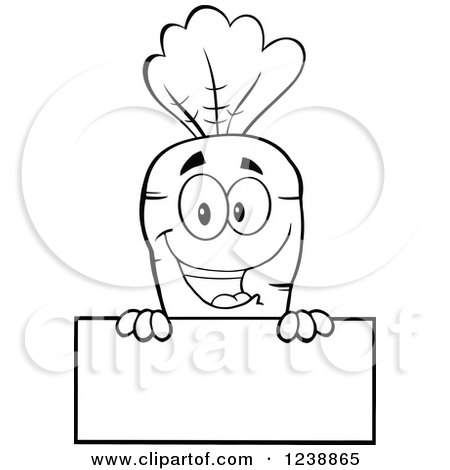 Clipart of a Blakc and White Happy Carrot over a Blank Sign - Royalty Free Vector Illustration by Hit Toon