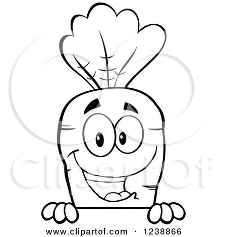 Clipart of a Black and White Happy Carrot over a Sign - Royalty Free Vector Illustration by Hit Toon
