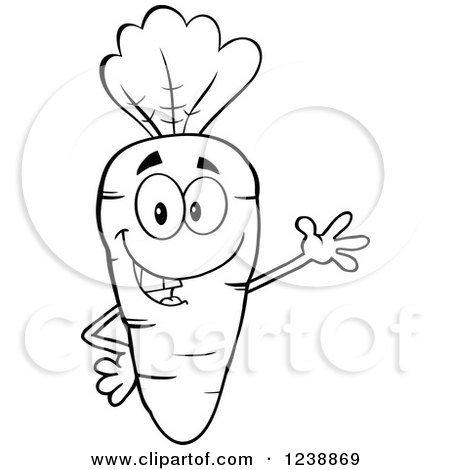 Clipart of a Black and White Happy Carrot Waving - Royalty Free Vector Illustration by Hit Toon