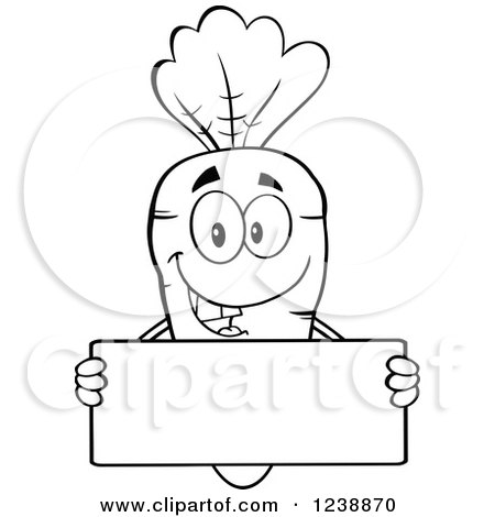 Clipart of a Black and White Happy Carrot Holding a Blank Sign - Royalty Free Vector Illustration by Hit Toon