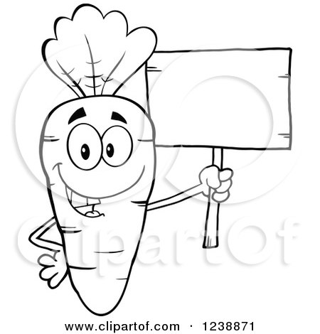 Clipart of a Black and White Happy Carrot Holding a Blank Wooden Sign - Royalty Free Vector Illustration by Hit Toon