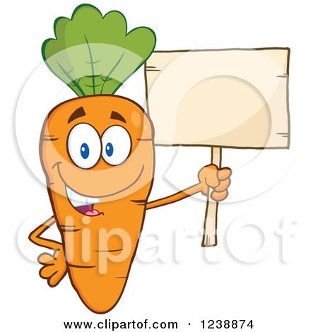 Clipart of a Happy Orange Carrot Holding a Blank Wooden Sign - Royalty Free Vector Illustration by Hit Toon