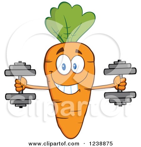 Clipart of a Happy Orange Carrot Working out with Dumbbells - Royalty Free Vector Illustration by Hit Toon