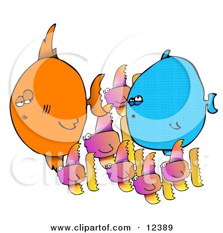 Small Fish Schooling Around Two Big Fishies Clipart Picture by djart