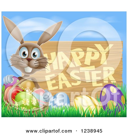 Clipart of a Happy Easter Sign with a Brown Rabbit and Eggs Against Blue Sky - Royalty Free Vector Illustration by AtStockIllustration
