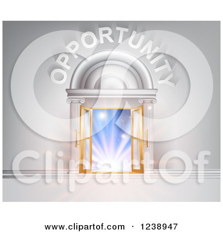 Clipart of OPPORTUNITY over Open Doors with Light - Royalty Free Vector Illustration by AtStockIllustration