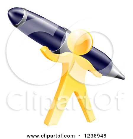 Clipart of a 3d Gold Man Holding a Giant Pen - Royalty Free Vector Illustration by AtStockIllustration