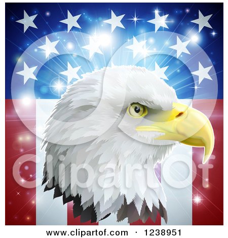 Clipart of a Bald Eagle Head over an American Burst with Stars and Stripes - Royalty Free Vector Illustration by AtStockIllustration