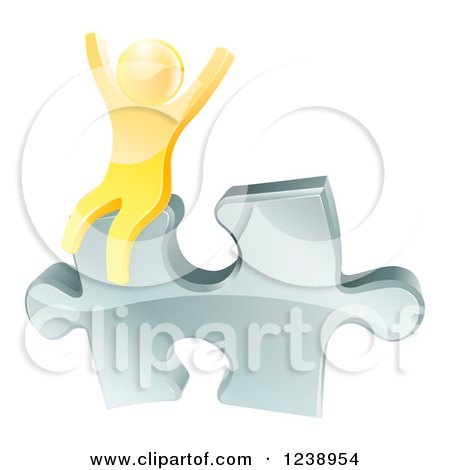 Clipart of a 3d Gold Man Cheering on a Silver Solution Puzzle Piece - Royalty Free Vector Illustration by AtStockIllustration