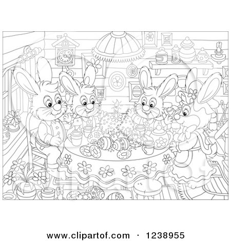 Clipart of a Black and White Rabbit Family Having Cake in a Cabin on Easter - Royalty Free Vector Illustration by Alex Bannykh